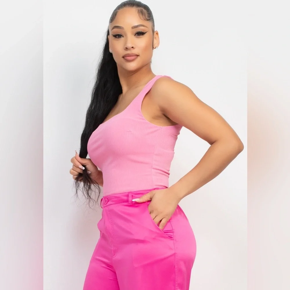 Double layered ribbed thick strap tank top in Barbie pink